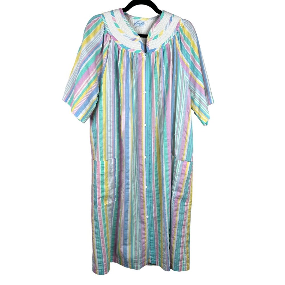 Vintage Leisure Life Striped Cotton Blend House Dress Pockets  MuMu Large‎ XL